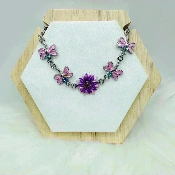 Pink Butterflies Violet Flower Bracelet - Picture 1 of 9